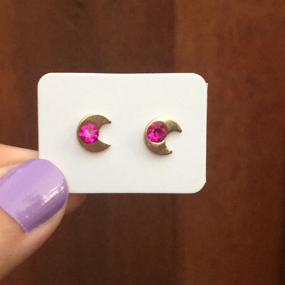Fuchsia Pink + Gold Crystal Moon Boho Earrings
